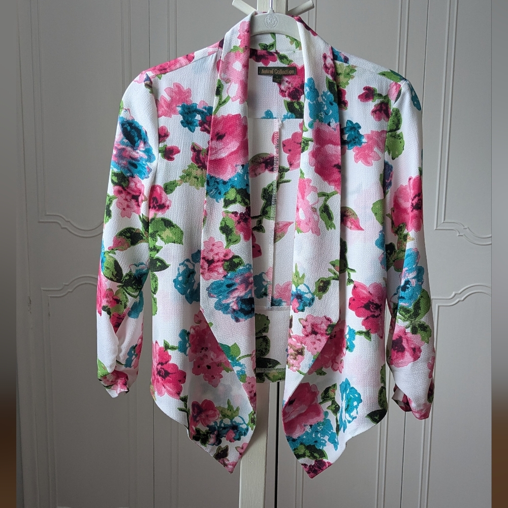 Pink and Blue Floral Blazer Open front And 3/4 Sleeves SzS